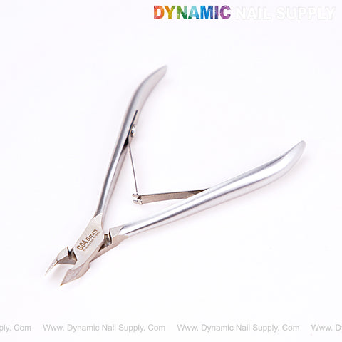 NT1219 - G04 5mm Professional Stainless Steel Cuticle Nippers with curved handles, Dynamic Nail Supply logo on top.