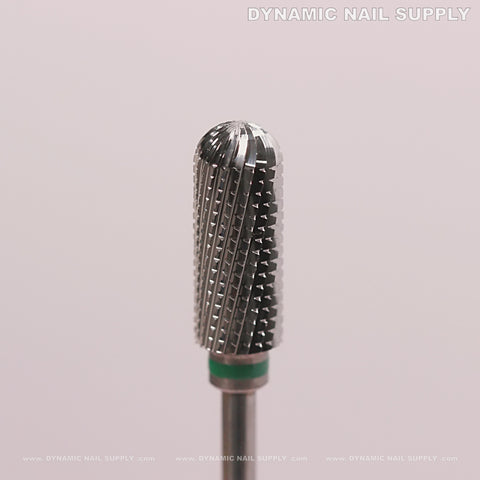 The Cross Spiral Cut Coarse Removal Bit Round Top in silver with a green band on a light pink background.
