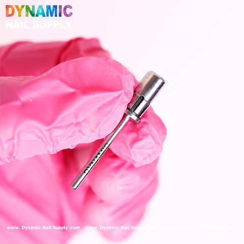 A gloved hand showcases a premium Easy-Off Sanding Band Mandrel, crafted for nail salons. The vibrant pink glove stands out against the smooth cylindrical head and textured grip. The brand name, Dynamic Nail Supply, is prominently displayed at the top in colorful letters against the white background.