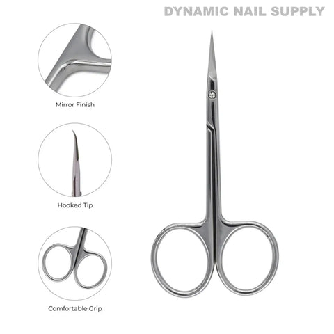 KD.715 Professional Cuticle Scissors, hooked tips, stainless steel, mirror finish, comfy grip—by DYNAMIC NAIL SUPPLY.