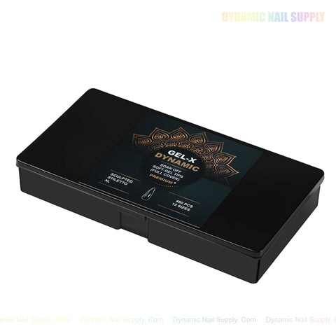 A black box labeled GEL-X DYNAMIC with gold and teal mandala art—ideal for Sculpted Stiletto XL Full Cover Nail Tips.