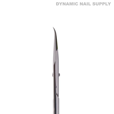 KD.715 - Professional Cuticle Scissors with hooked tips are shown upright on a white background with DYNAMIC NAIL SUPPLY text.