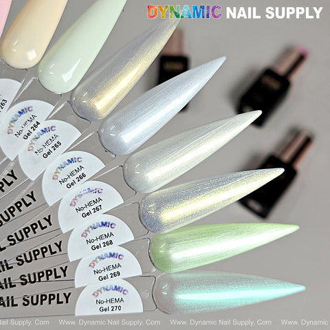 Six iridescent Dynamic No-HEMA Gel Polish swatches (Color 261–270) in pastel shades, above blurred bottles.