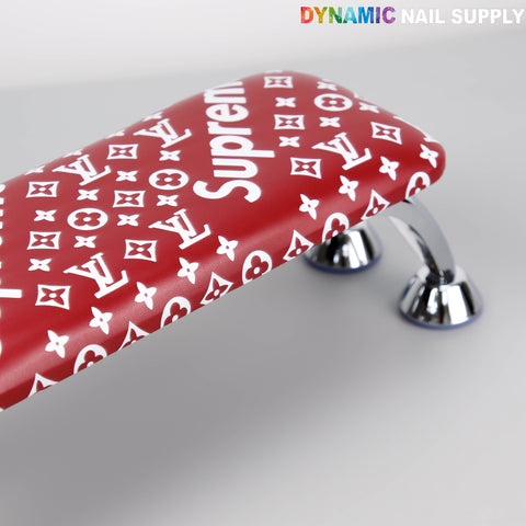 [R-M010] Dark Red 5upreme Pattern Handrest Armrest for pedicure/manicure, features white logos and metal legs.