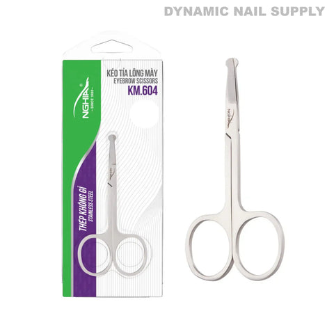 KM.604 Professional Nose Hair Scissors with round tips in stainless steel beside green-and-white packaging.