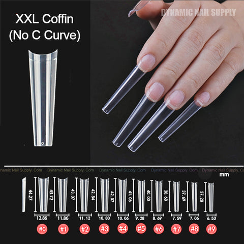 A hand with 2XL Coffin Nail Tips No C-Curve and a size chart showing 12 clear tip widths in millimeters.