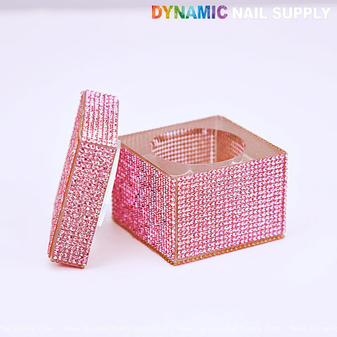 Rhinestone Square Pink Dappen Dish with Lid—perfect for nail supplies, monomer, or accessories.