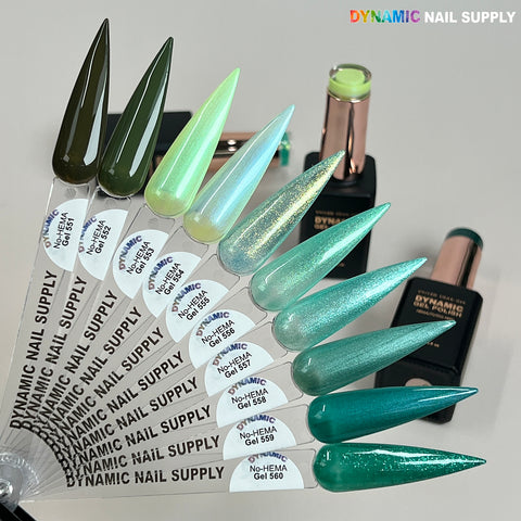 A fan displays Dynamic No-HEMA Gel Polish (551-560), green, HEMA-free and safe for sensitive skin.