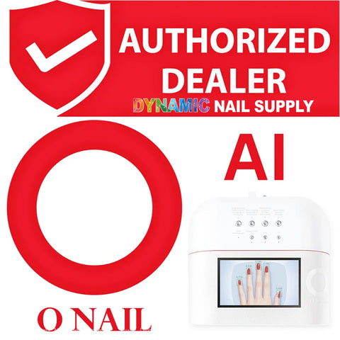 Red shield with checkmark, “AUTHORIZED DEALER.” Large red “O,” ONAIL AI Camera Nail Lamp UV/LED with nail-recognition.