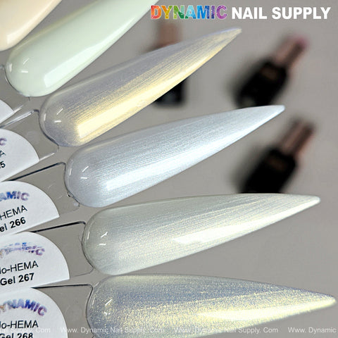 Four pastel shimmer nail swatches fanned out; Dynamic No-HEMA Gel Polish - Color 261 to 270 logo at the top.