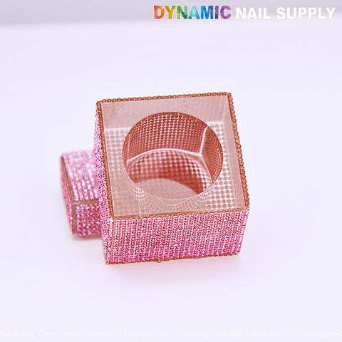 The Rhinestone Square Pink Dappen Dish with Lid is a glass monomer cup for pros, shown slightly open on white.