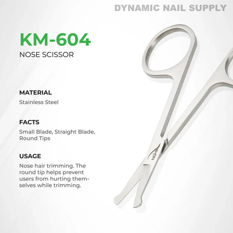KM.604 Professional Nose Hair Scissors with round tips shown diagonally; details listed on the left.
