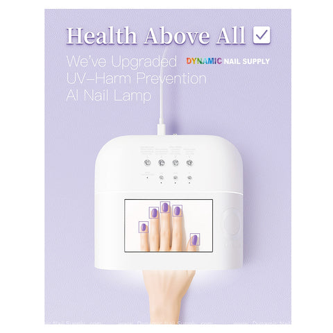 A hand under the ONAIL AI Camera Nail Lamp UV/LED; promotes pro nail care with upgraded UV/LED skin protection.