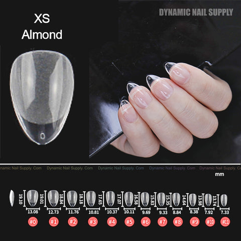 Close-up of manicured hands wearing [Almond XS] Full Cover Tips, extra short soft gel tips in 11 labeled sizes, 600 pcs.
