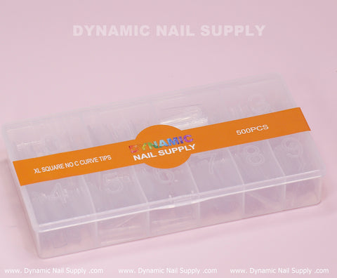 Clear case of 500 XL Square Nail Tips (Not C-Curve) from Dynamic Nail Supply—extra long, straight, easy to apply.