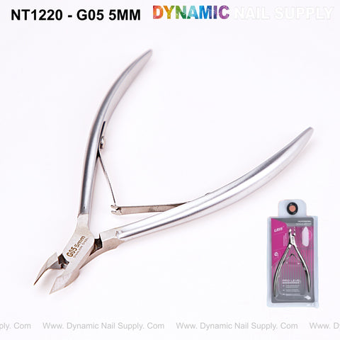 NT1220 - G05 5mm stainless steel cuticle nippers for pro nail care, shown above in retail packaging on white.