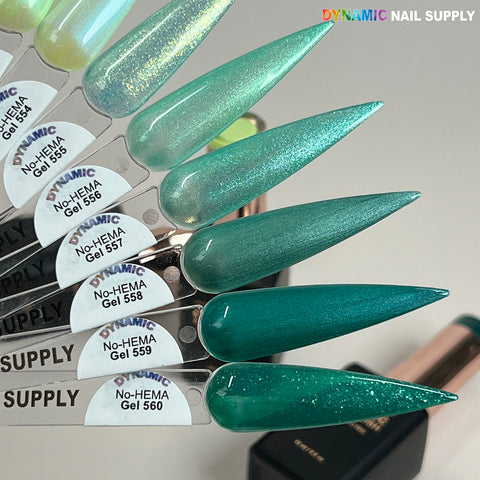Five elongated gradient green tips feature Dynamic No-HEMA Gel Polish (551-560), safe for sensitive skin and nails.