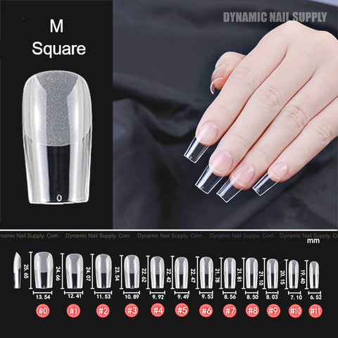 A hand with long, clear [Square M] Full Cover Tips (soft gel, 600 pcs, medium; 11 sizes) is shown below.