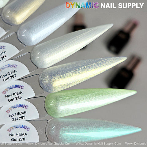 Five Dynamic No-HEMA Gel Polish swatches (Colors 261-270) with labeled tips, bottles blurred in the background.