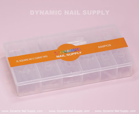 Clear plastic box labeled Dynamic Nail Supply with XL Square Nail Tips—extra long, straight, and easy to apply.