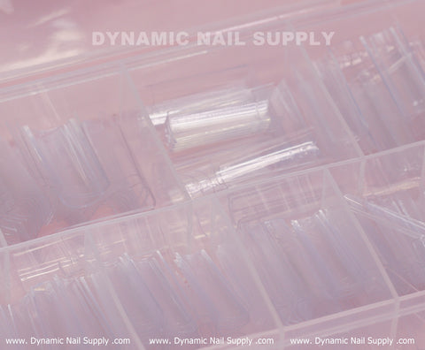 XL Square Nail Tips (Not C-Curve), extra long straight, in a clear organizer box from Dynamic Nail Supply.