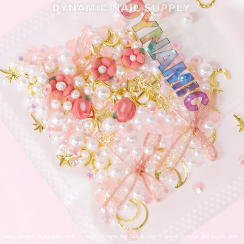 Luxury White Pearls, Gold Moons and Stars Set (Light Pink Theme) for nail art design—moons, stars, pearls, bows & flowers.