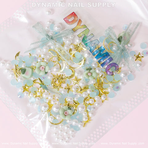 Luxury White Pearls, Gold Moons and Stars Set (Light Blue Theme) For Nail Art Design