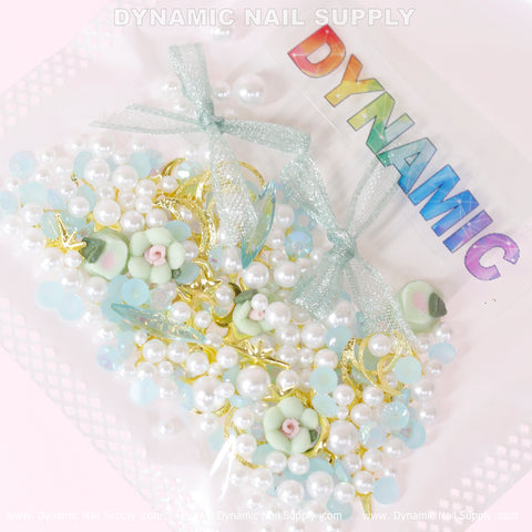 Luxury White Pearls, Gold Moons and Stars Set (Light Blue Theme) For Nail Art Design