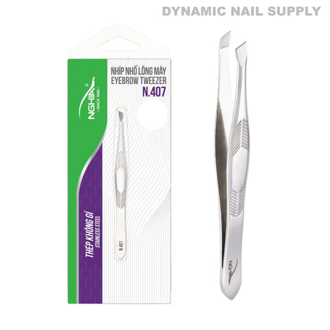 N407 Professional Slanted Tweezers in stainless steel beside green-white NGHIA packaging, perfect for precision grooming.