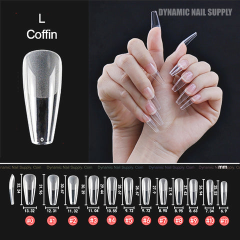 [Coffin L] Pre-buffed matte soft gel tips, full cover, shown on hand & individually; numbered size options below.