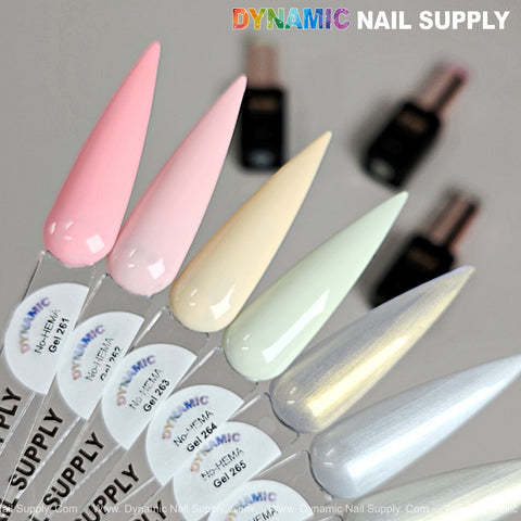 Dynamic No-HEMA Gel Polish (Color 261–270) pastel and metallic swatches on clear display sticks.