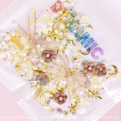 Luxury White Pearls & Brown Flowers with Leaves Set (Gold Theme) for nail art, includes bows and DYNAMIC text elements.