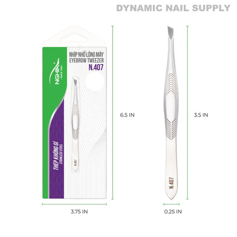 N407 - Professional Slanted Head Stainless Steel Tweezer shown packaged with labeled inch dimensions.