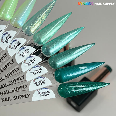 Six green and teal metallic swatches of Dynamic No-HEMA Gel Polish (551–560) for safe, healthy nails.