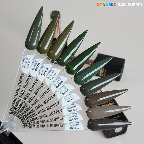 A fan of Dynamic No-HEMA Gel Polish (831–840) swatches green and brown shades, bottle displayed in background.