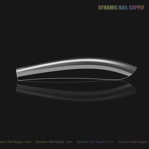 A clear, glossy Sculpted Coffin (Long) Soft-Gel Nail Tip on black with product name in the top right corner.