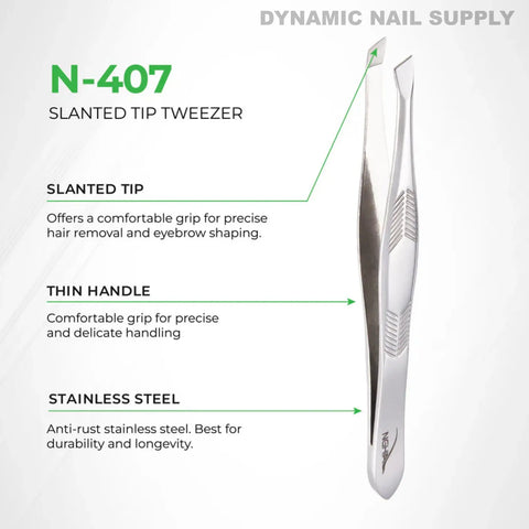 N407 Professional Slanted Head Tweezer: Stainless steel, thin handle, ideal for precise grooming tasks.