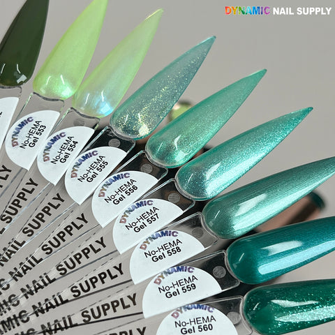 Dynamic No-HEMA Gel Polish, Colors 551–560: Set of 10 green/teal samples for healthy nail color.