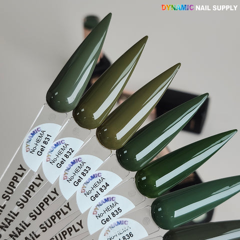 Six olive and green swatches of Dynamic No-HEMA Gel Polish, colors 831–840, shown for nail health.