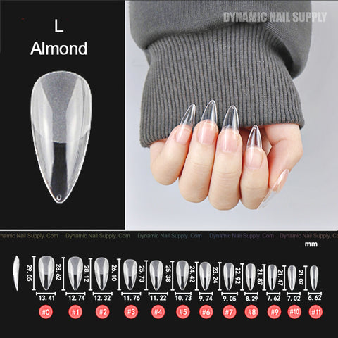 A hand with [Almond L] Full Cover Tips, short length, 10 sizes, sizing chart and mm measurements shown below.