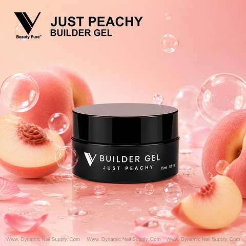 Black jar of Just Peachy - V Beauty Pure Builder Gel with peach slices and bubbles on a peach-pink background.