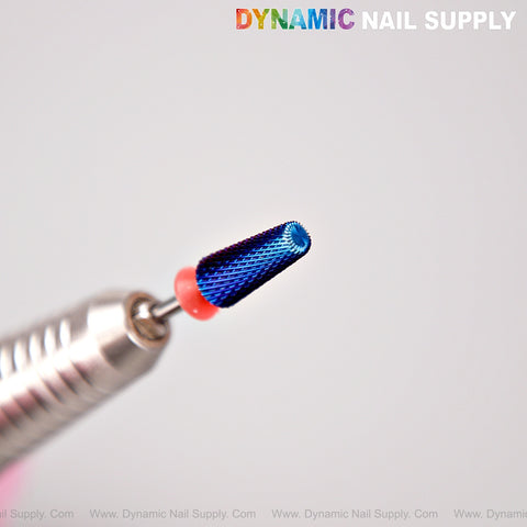 A close-up of the 5-in-1 Fine Cross Cut Drill Bit (Blue) for sealing cuticles, attached to a silver tool.