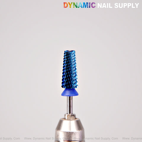 5-in-1 Medium Cross Cut Drill Bit (Blue) for shaping and smoothing, on metallic base, DYNAMIC NAIL SUPPLY above.