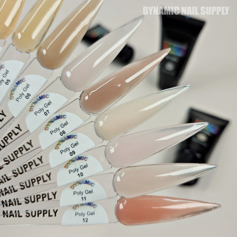Eight nail tips with neutral AcrylGel Poly Gel (Color 01-12), fanned in front of labeled gel tubes.