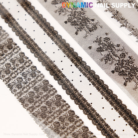 Black Mixed Design Nail Foil 5 features floral lace and dot patterns displayed on a white background.