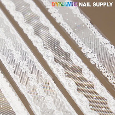 White & Black Lace Nail Foil 2: four intricate strips for nail art; DYNAMIC NAIL SUPPLY at top right.