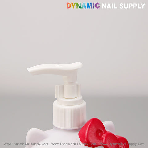 Hell0 Kitty Small Lotion & Soap Dispenser Bottle: white plastic pump, red bow, under DYNAMIC NAIL SUPPLY logo.