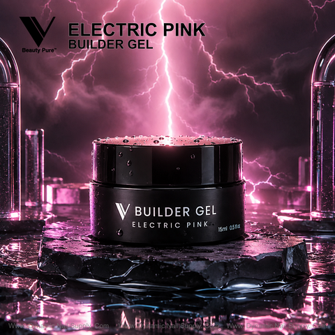 Electric Pink Builder Gel by Dynamic Nail Supply on wet stone with pink lightning and pro nail lab glassware.