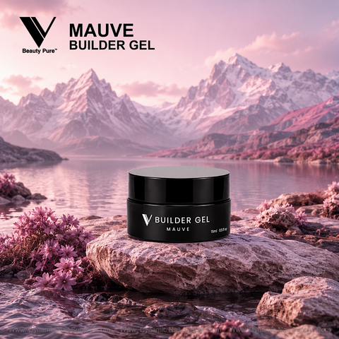 A black jar of Mauve - V Beauty Pure Builder Gel rests on rocks near a lake, with flowers and mountains behind.
