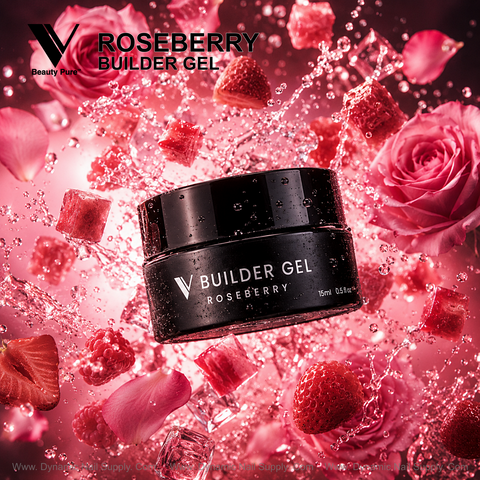 Roseberry Builder Gel jar floats among water splashes, pink roses, strawberries, and rose petals.